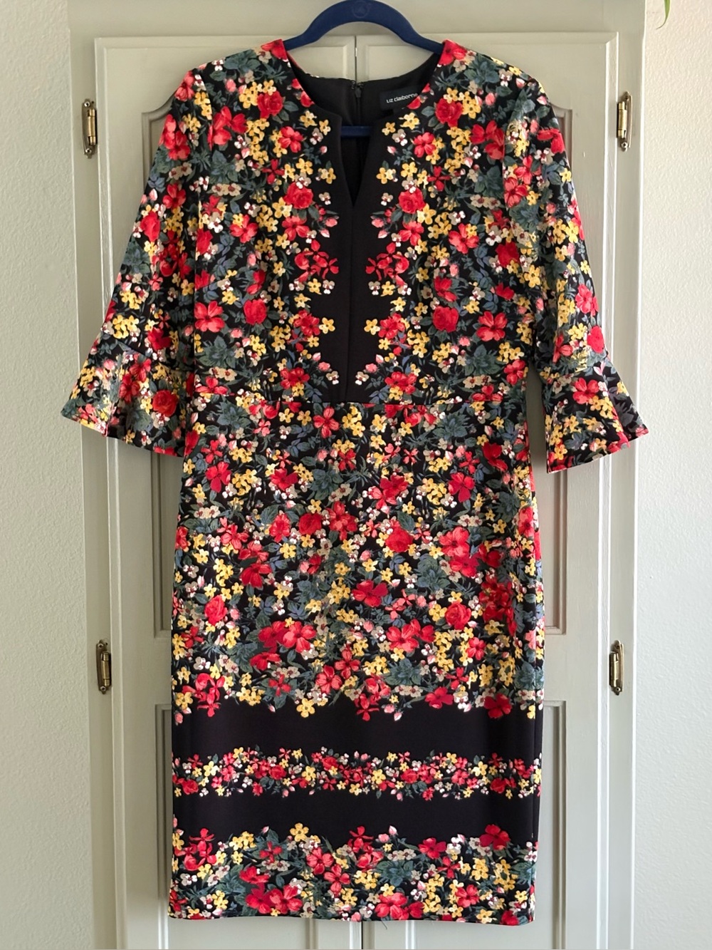 LIZ CLAIBORNE Vibrant Garden Party 3/4 Sleeve Split Neck Sheath Dress Size 10